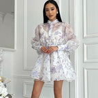Elegant Stand Collar Long Sleeve Lace Printing A line Cami