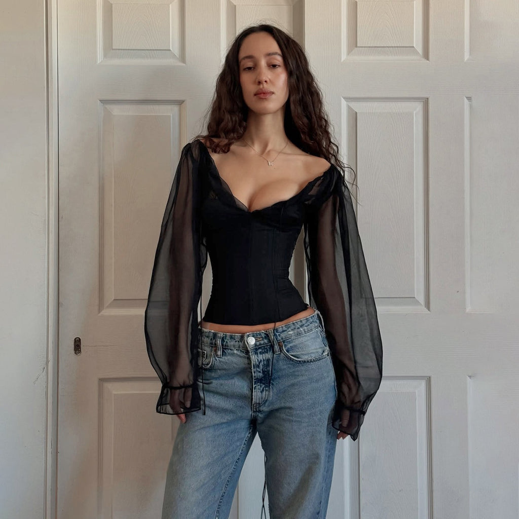 Women's Clothing Palace Sexy V Neck Pleated T Shirt Chiffon Tight Waist Slim Fit Puff Sleeve Top Autumn