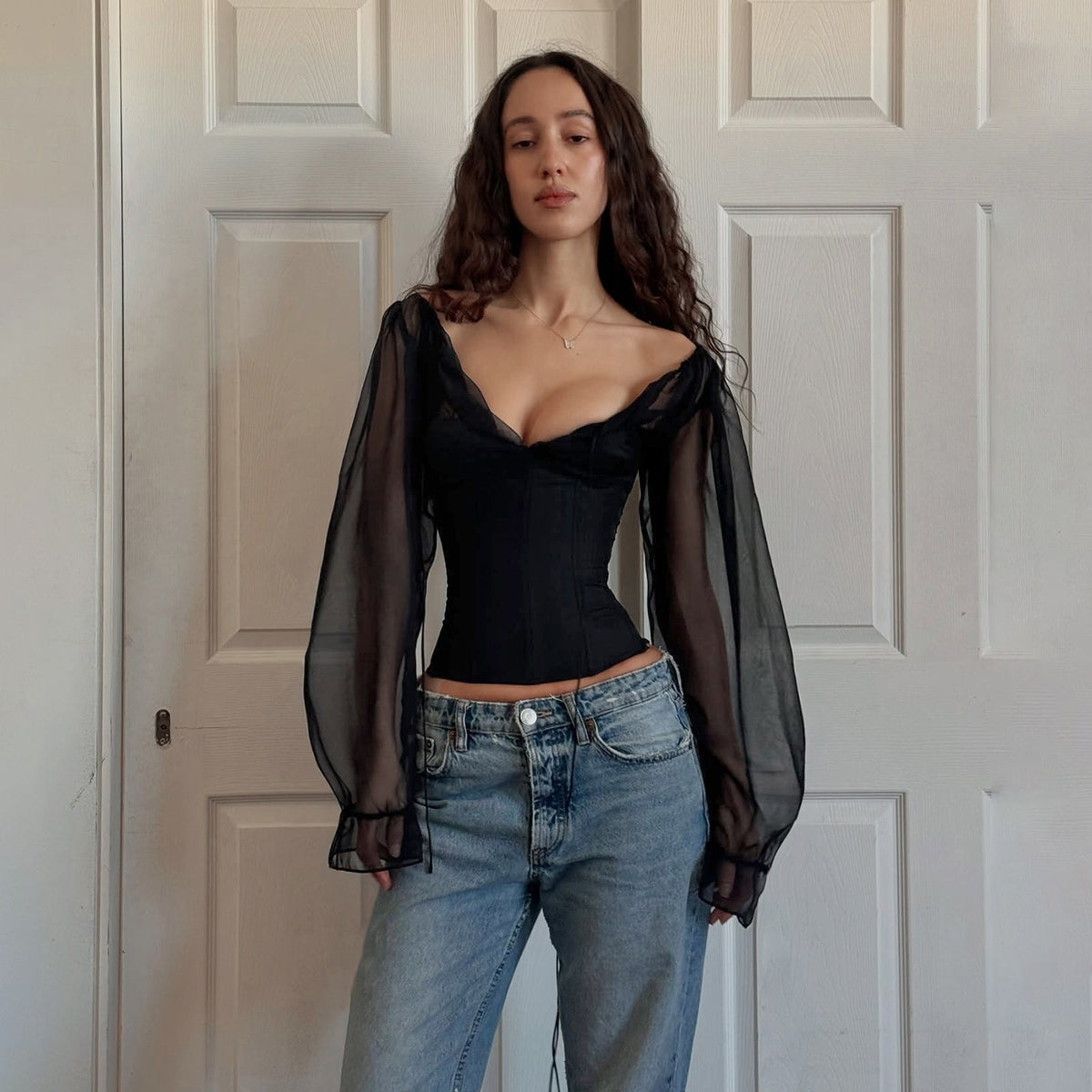 Women's Clothing Palace Sexy V Neck Pleated T Shirt Chiffon Tight Waist Slim Fit Puff Sleeve Top Autumn