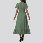 Green V-Neck Smocked Dress