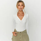 Women's Ribbed Polo Collar Long Sleeve Bodysuit