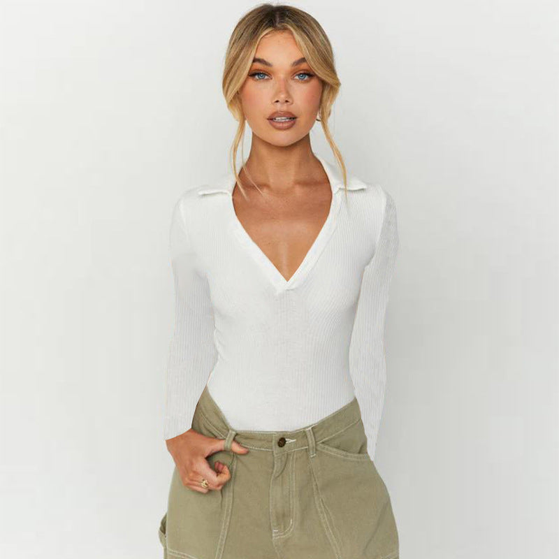 Women's Ribbed Polo Collar Long Sleeve Bodysuit