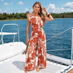 Women's Swimsuit Retro Palm Leaf Floral Print Off Shoulder Ruffled One Piece Swimsuit Sets