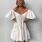 Khaki Linen V-Neck Lace-Up Dress
