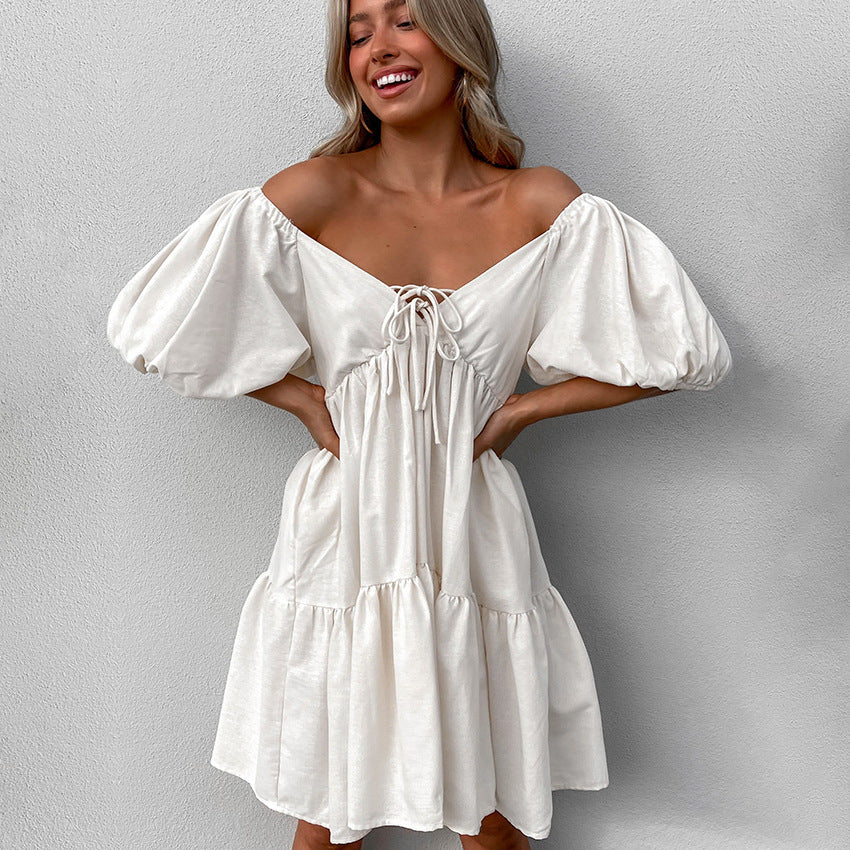 Khaki Linen V-Neck Lace-Up Dress