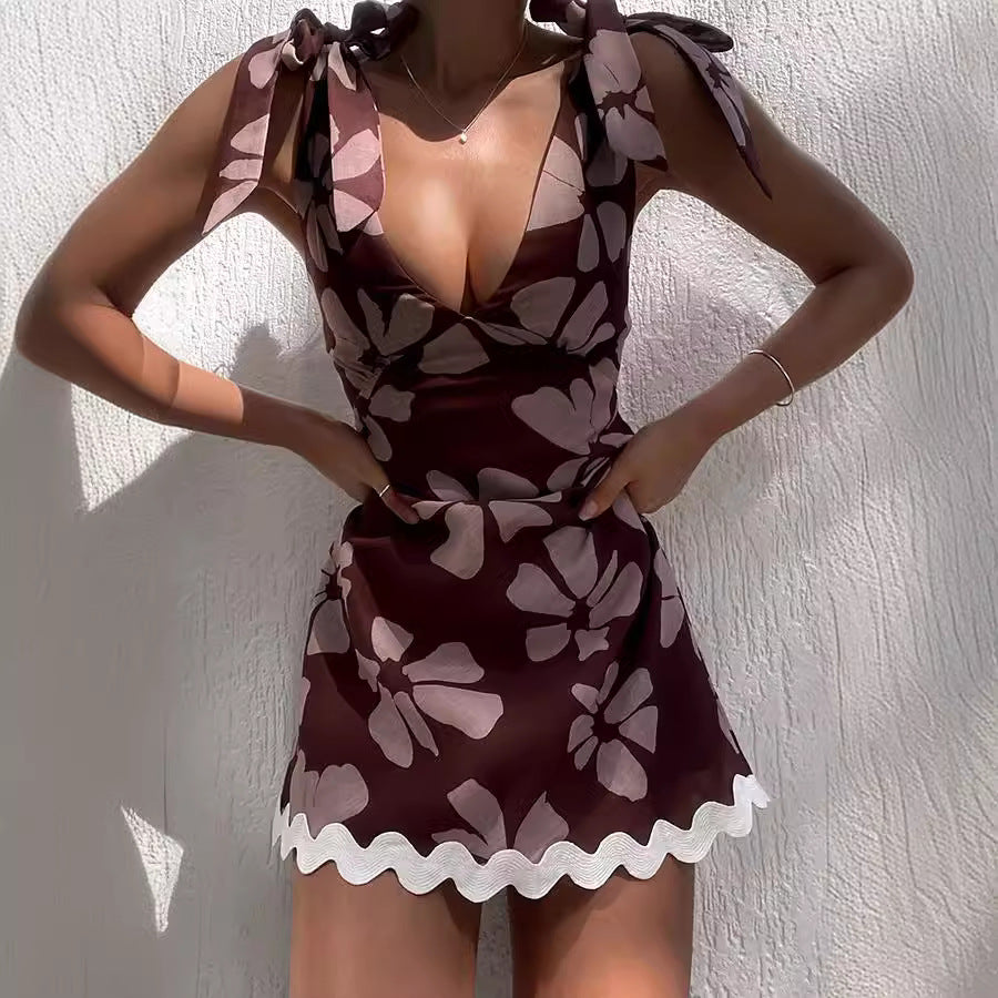Lace Printing Sweet V-Neck Mini Dress