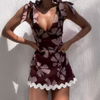 Lace Printing Sweet V-Neck Mini Dress