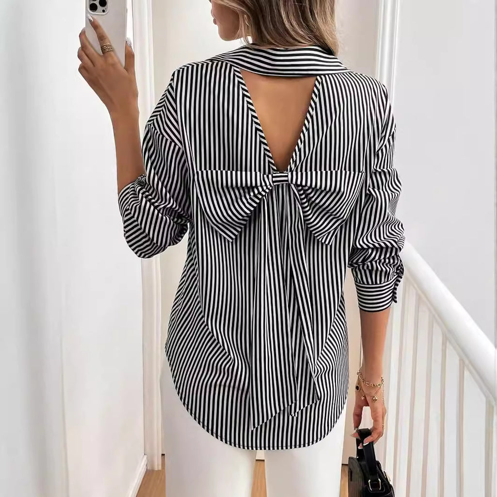 Women's Autumn Winter Elegant Women Striped Printed Back Bow Front Button Long Sleeve Shirt