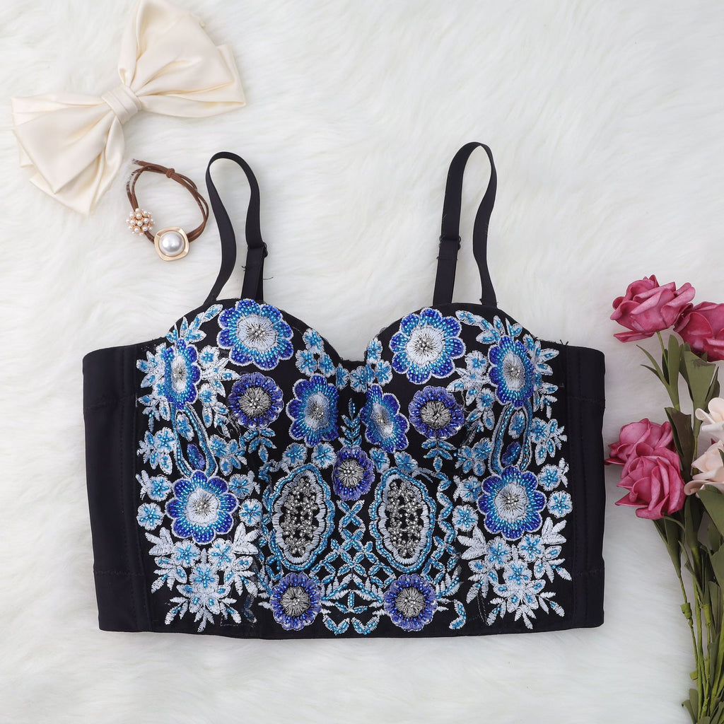 Women’s Blue Floral Embroidered Corset Crop Top