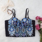Women’s Blue Floral Embroidered Corset Crop Top