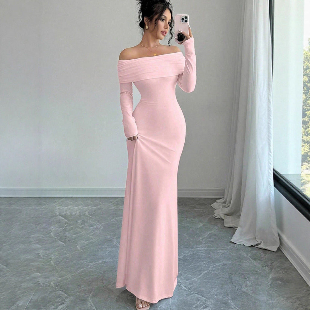 Off-Shoulder Long-Sleeve Cutout Bodycon Maxi Dress