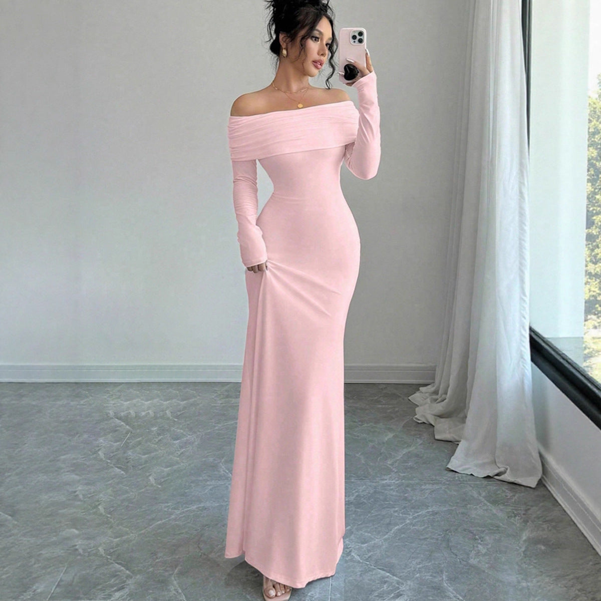 Off-Shoulder Long-Sleeve Cutout Bodycon Maxi Dress