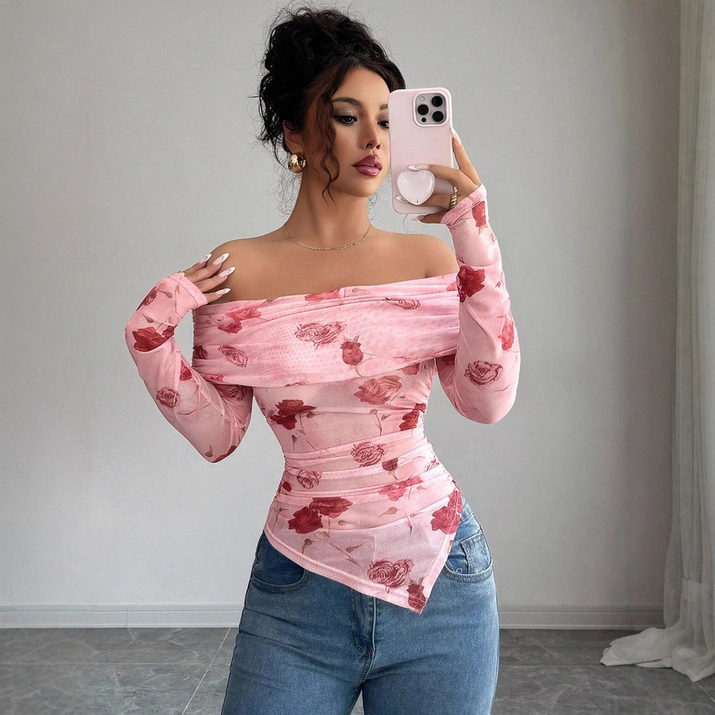 Asymmetric Printed Pleated Top