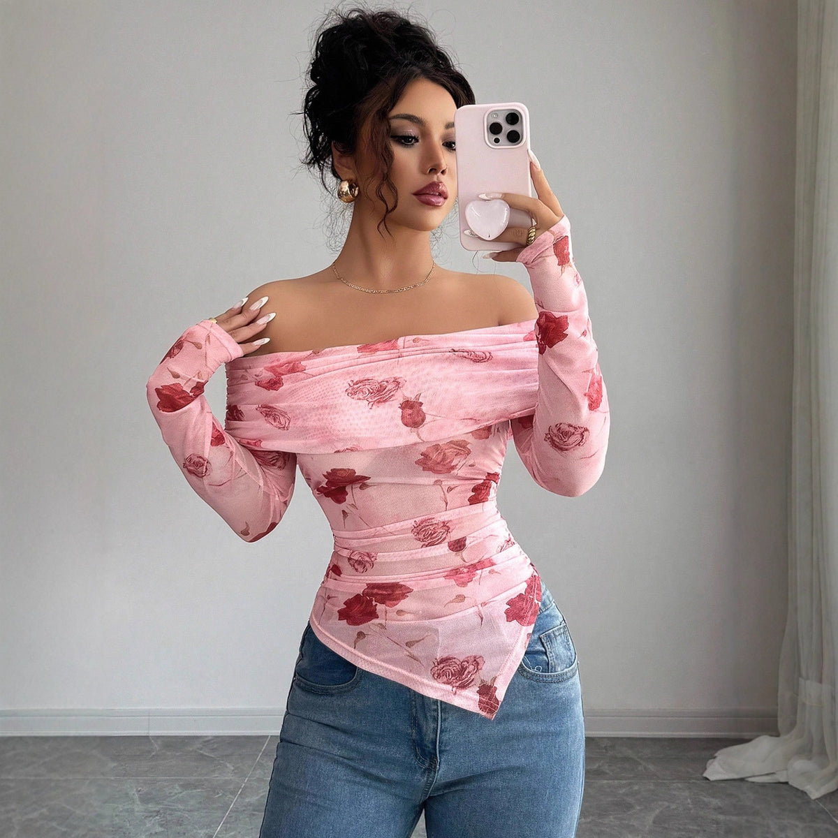 Asymmetric Printed Pleated Top