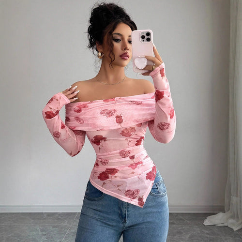 Autumn Winter off Neck Slim Fit Slimming Pleated Irregular Asymmetric All Matching Printed Top