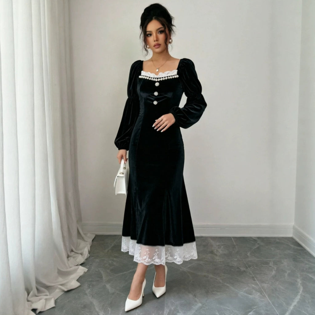 French Hepburn Wind Black Velvet Dress for Women Autumn Winter High Sense Cocktail Long Sleeve Black Dress