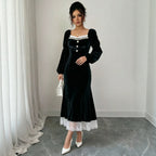 French Hepburn Wind Black Velvet Dress for Women Autumn Winter High Sense Cocktail Long Sleeve Black Dress