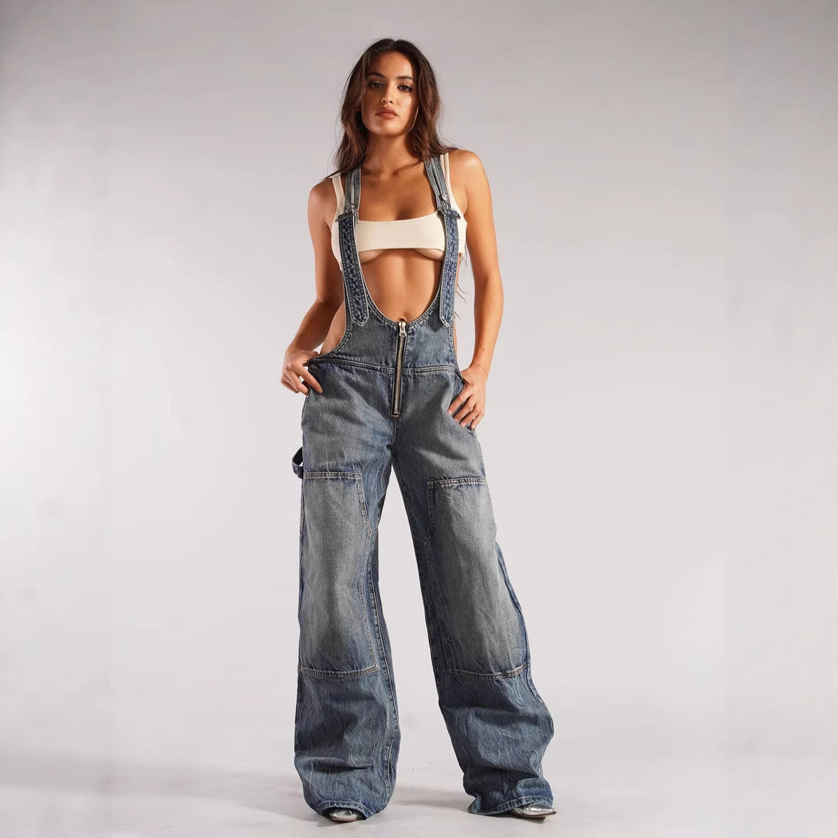 Women's Deep-V Denim Wide-Leg Overalls