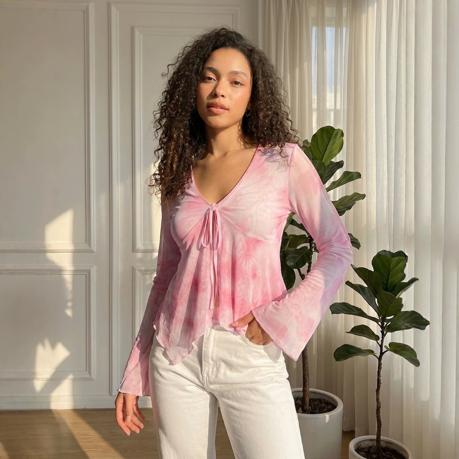 Summer Women Clothes Sexy Floral Mesh V neck Tied Long