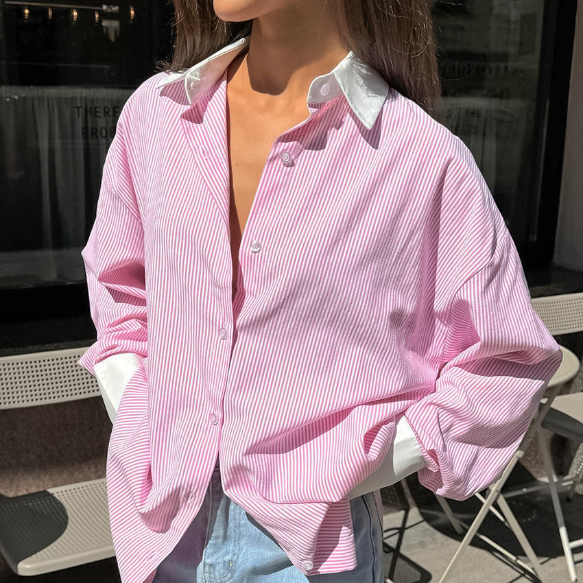 Women's Contrast Striped Button-Up Shirt
