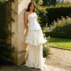 White strapless ruffled cocktail dress with layered skirt tiers