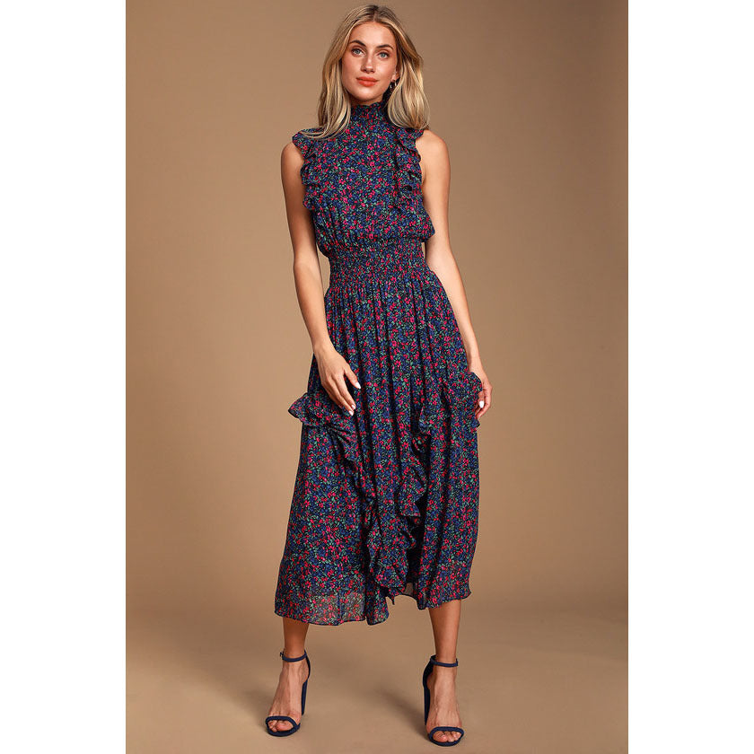 Women Elegance Sleeveless Printed Pleated Dress Maxi Dress