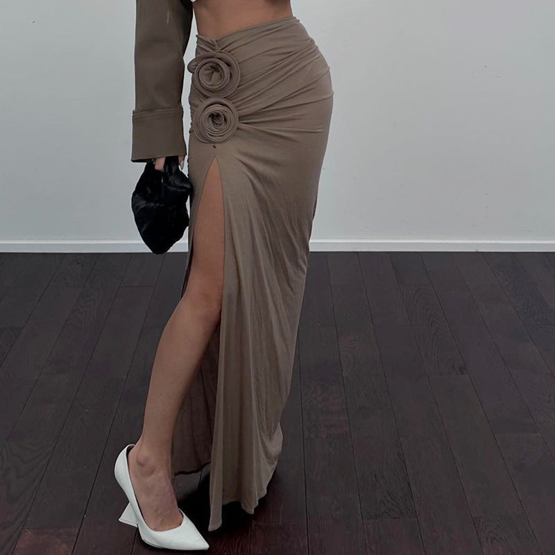 Autumn French High Waist Slit Pleated Floral Skirt