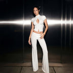 Half-Collar Top & Bell-Bottom Pants Set