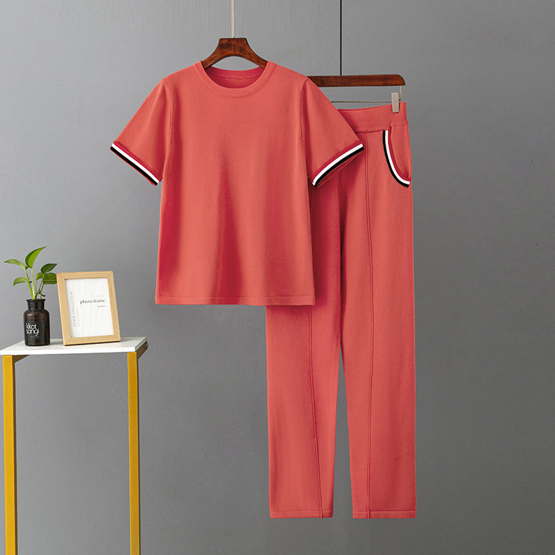 Women's Knitted Sports Summer Ice Silk Round Neck Solid Two-Piece Set