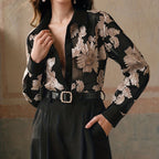 Retro Casual Lace Floral Collared Shirt Black Elegant Long