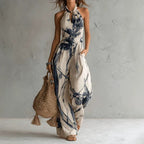 Ink Printing WL Pocket Jumpsuit Casual SL Halter Tied