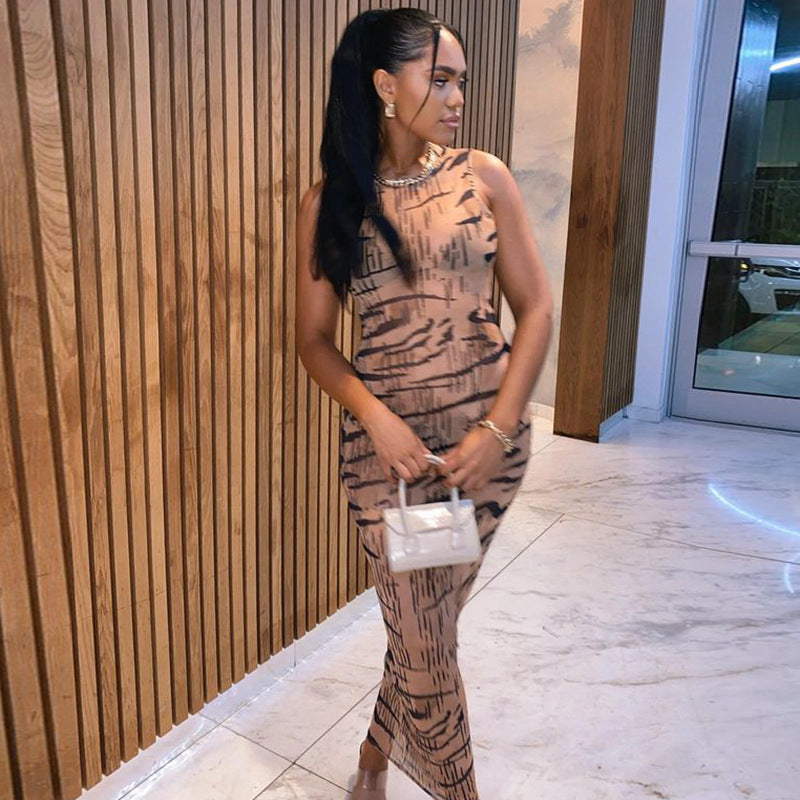 Tiger-Print Mesh Maxi Dress