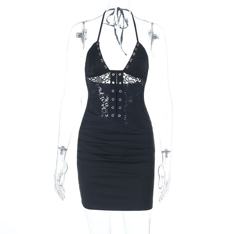 Women's Halter Lace Ruched Backless Bodycon Mini Dress