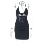 Women's Halter Lace Ruched Backless Bodycon Mini Dress