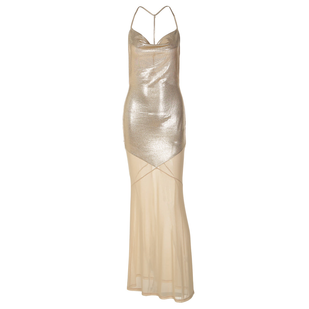 Gold backless sequin slip dress with thin spaghetti straps and long skirt