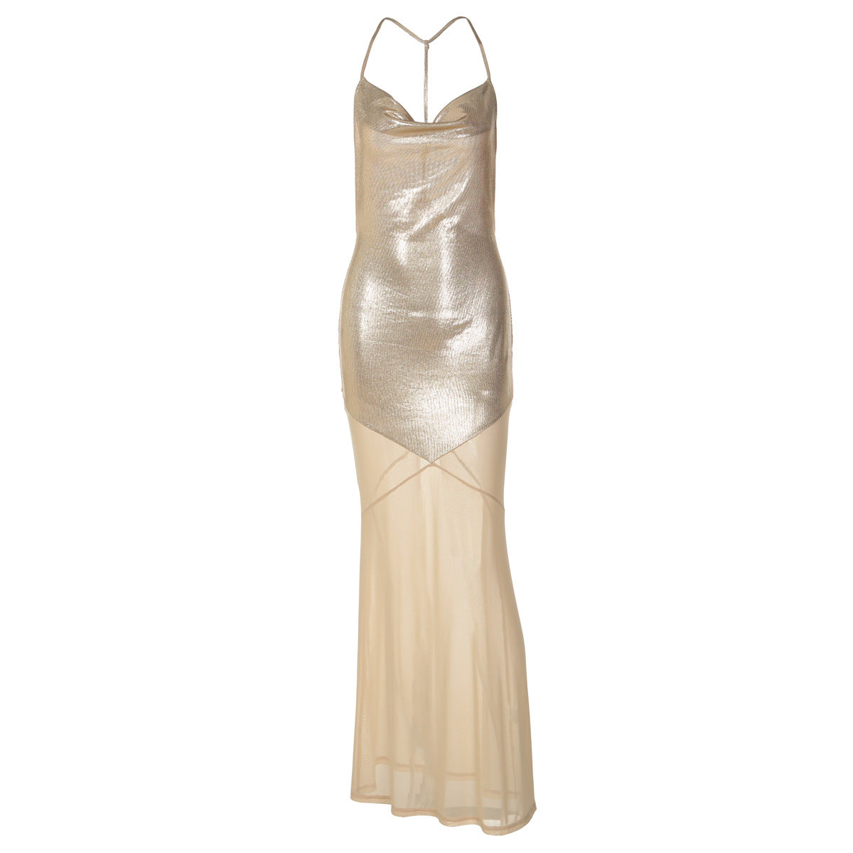 Gold backless sequin slip dress with thin spaghetti straps and long skirt