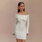 Off-Shoulder Long-Sleeve Sweater Bodycon Mini Dress