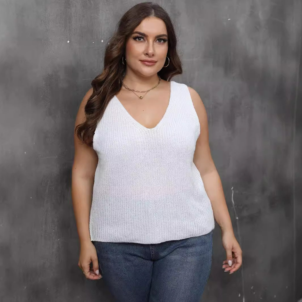 Plus Size Women Vest Back Women Clothes V Neck Casual Bottoming Shirt Woven Sweater Top