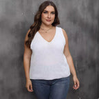 Plus Size Women Vest Back Women Clothes V Neck Casual Bottoming Shirt Woven Sweater Top