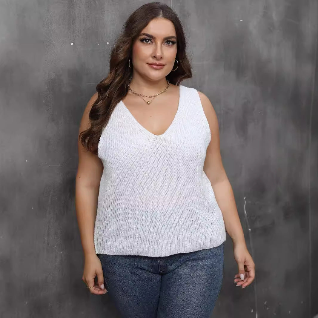 Plus Size Women Vest Back Women Clothes V Neck Casual Bottoming Shirt Woven Sweater Top