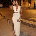 Women's V-Neck Asymmetric Cutout Ruched Split Maxi Dress