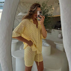 Knitted Crocheted Suit Skirt Multi Color Cardigan Buckle All Match Beach Cover Up Summer