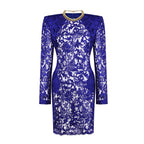 Navy lace long sleeve fitted dress with gold chain-style neckline, floral lace front.