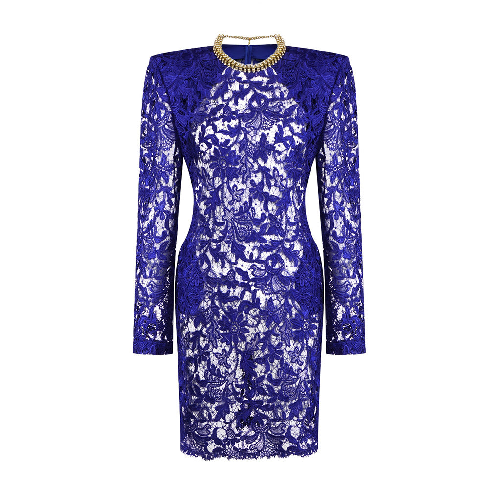 Navy lace long sleeve fitted dress with gold chain-style neckline, floral lace front.