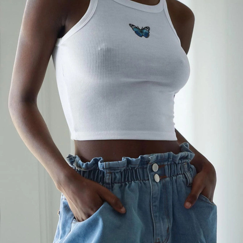 Spring Summer Camisole Women Butterfly Print Short Slim Fit Cropped Bottoming Shirt