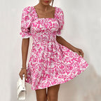 A-Line Puff Sleeve Short-Sleeve Lace-Up Smocking Dress