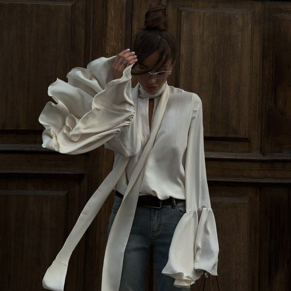 Women's Shirt Elegant Autumn Shirt With Ribbon Ruffled Flare Sleeve Blouse