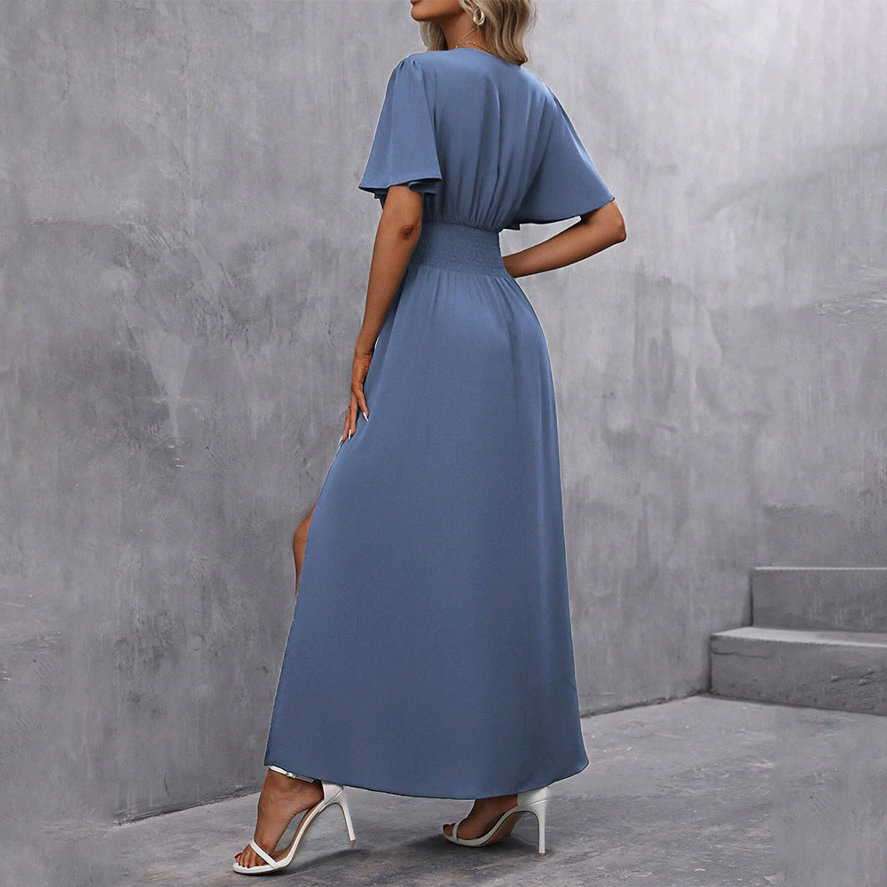 Women's Deep V Side Slit Pleated Maxi Dress