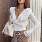 V-Neck Twisted-Waist Long-Sleeve Top