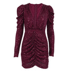 Sequin V-Neck Long-Sleeve Ruched Bodycon Mini Dress